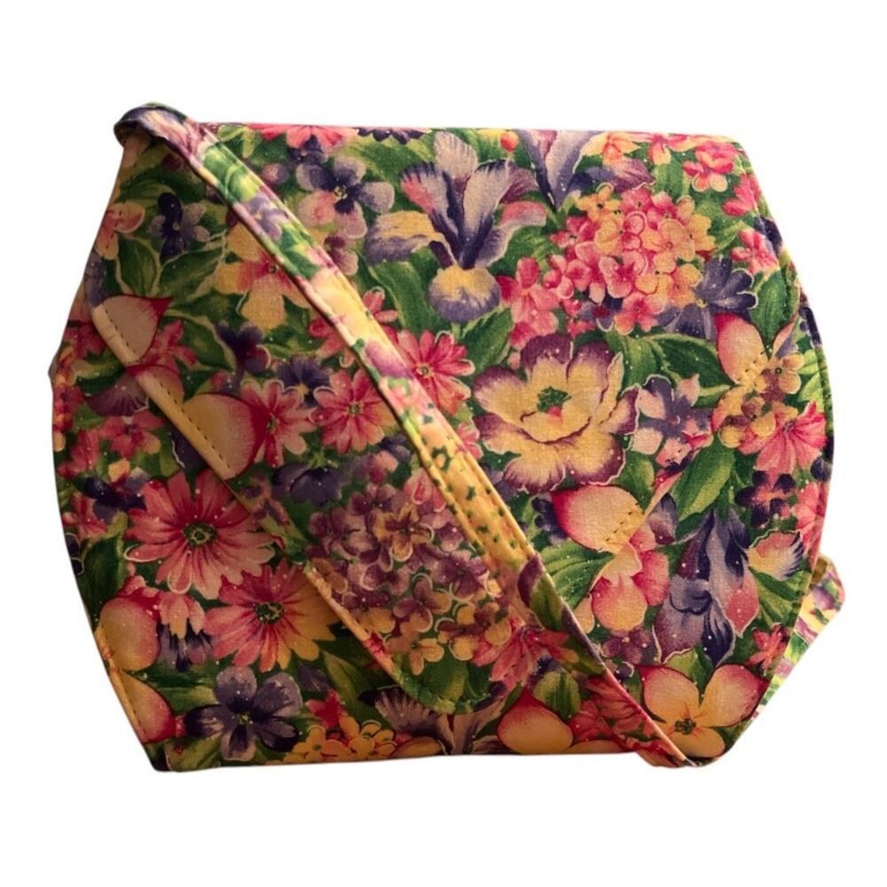 Vtg Floral Fabric Crossbody Bag Purse Clutch Detachable Strap Pink Yellow Purple